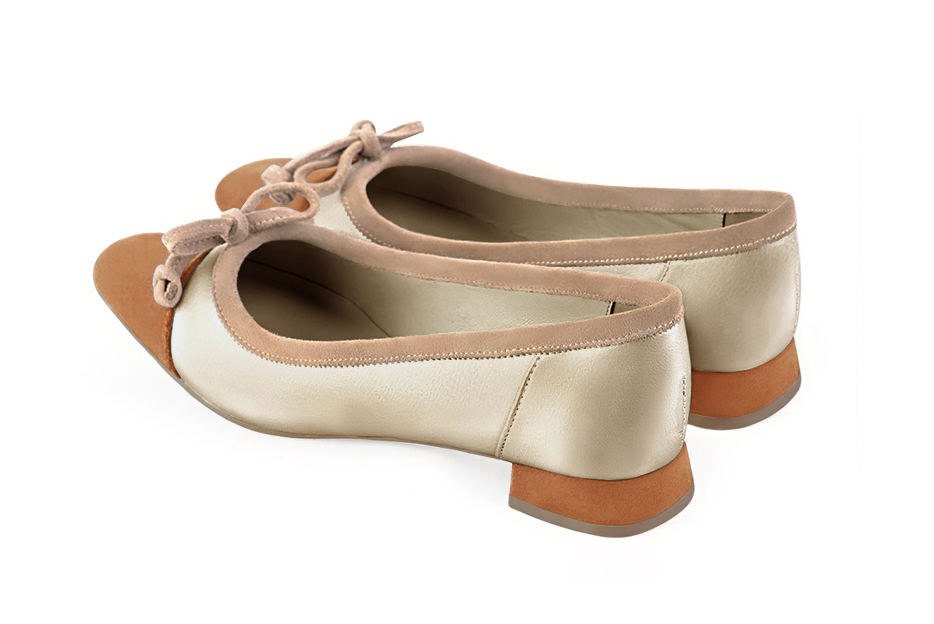 Camel beige and gold women's ballet pumps, with low heels. Square toe. Flat flare heels. Rear view - Florence KOOIJMAN
